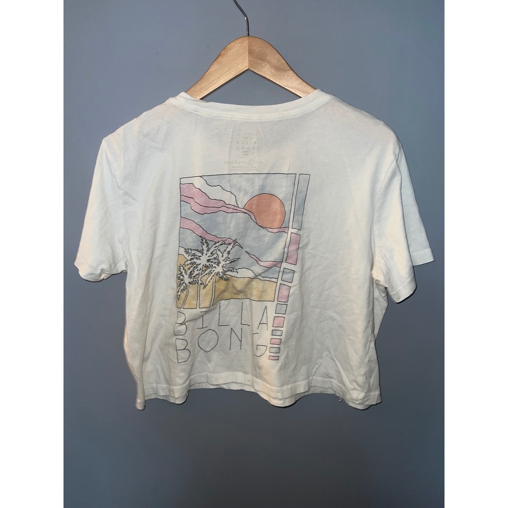 Billabong Womens White Graphic Crop Tee Sunset Palm Tree Small Short Sleeve